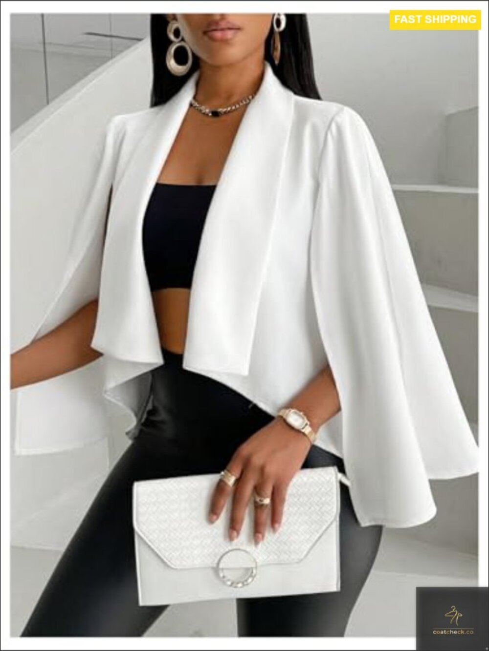 Cape Sleeve Cropped Blazer Elegant Slim Fit Open Front Lightweight Polyester - Picture 4 of 5